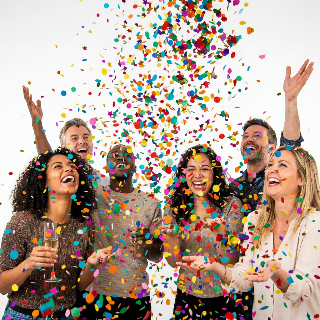 Multicolored confetti particles falling against a white background